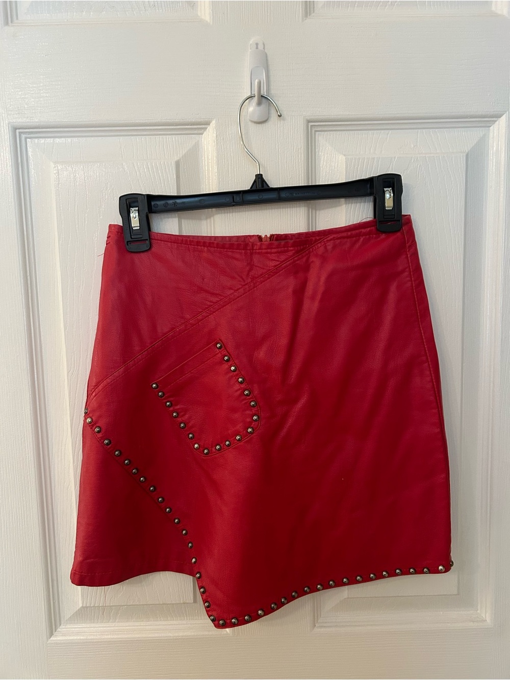 Red Studded Faux Leather Mini Skirt